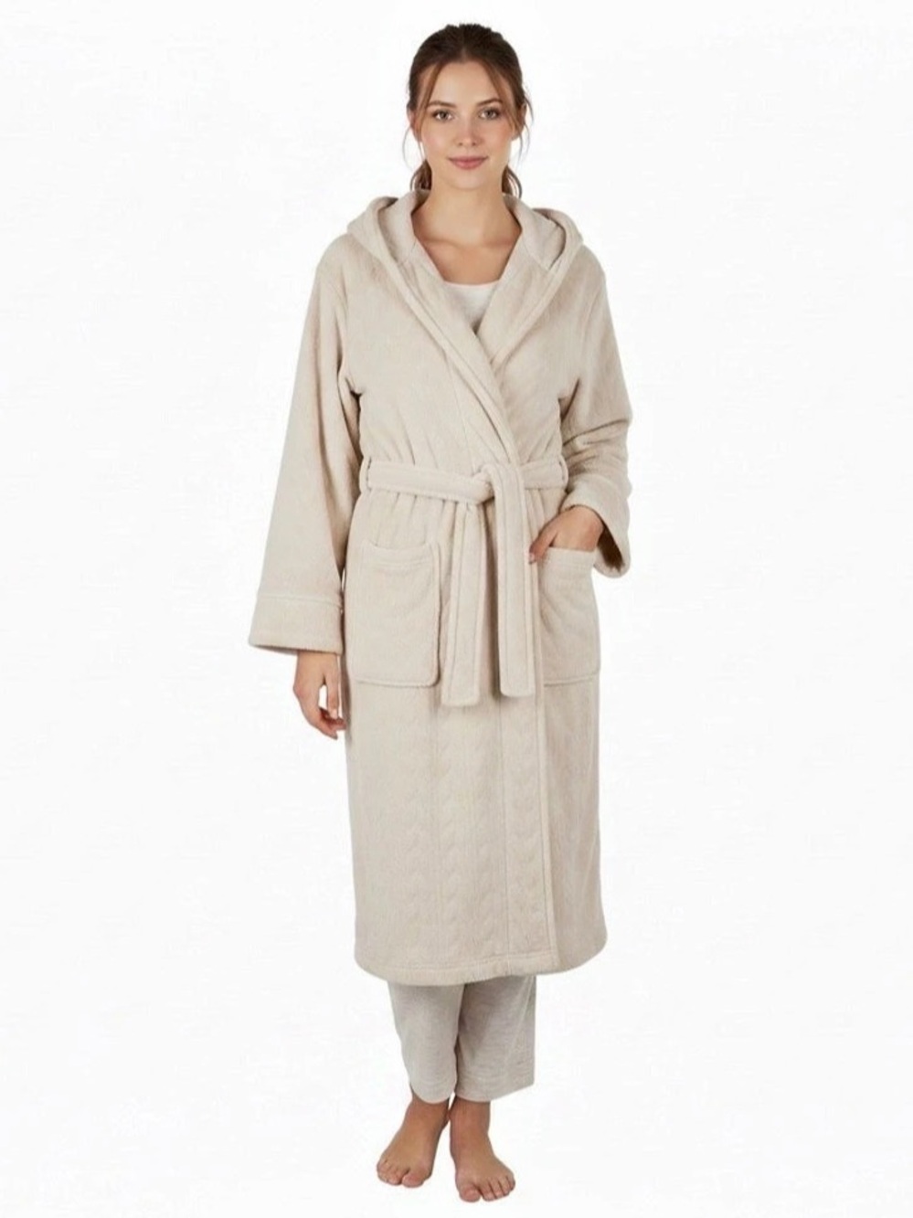Hooded Belted Robe in Cream